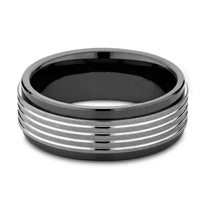Men's ceramic and tungsten steel ring with black inner band and grooved gunmetal finish