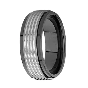 Polished black ceramic and tungsten steel ring for men with silver brushed stripe detail