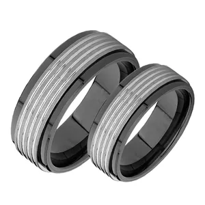 Men's ceramic and tungsten steel ring set with black coating and brushed metal grooves