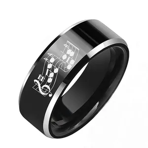 Bague pour Homme en Acier au Tungstène Design Notes de Musique Noir Poli Bord Biseauté Argent Bijoux Cadeau Pour Lui