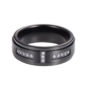 Men's matte black tungsten steel ring featuring a cross-shaped cubic zirconia inlay