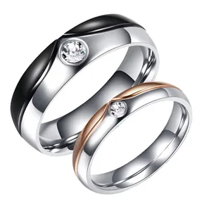 Minimalist Tungsten Steel Stainless Steel Couple Ring Two Tone Single Zirconia Inlaid Polished Finger Ring For Men Women Anniversary Gift
