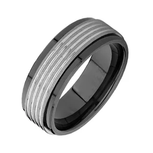 Men's ceramic and tungsten ring with black silver contrast and brushed center groove