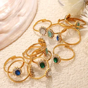 Anello Aperto in Acciaio Inossidabile Zircone Vintage Francese Placcato Oro Ovale Pietra Blu Verde Bianca Anello Regolabile