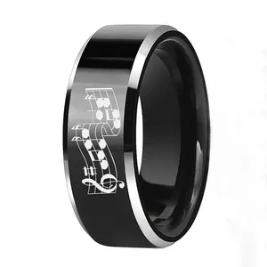 Bague en tungstène noir pour homme avec notes de musique et bordures argentées