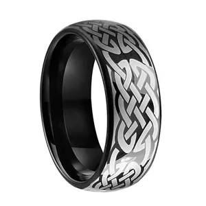 Bague en tungstène noir pour homme avec motif nœud celtique argenté vue de profil