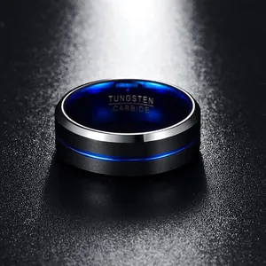 Bague pour homme en carbure de tungstène noir mat avec rainure bleue et intérieur poli