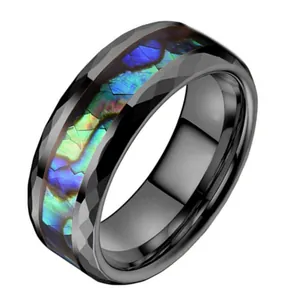 8mm Herren Wolframstahl Ring Eingelegte Bunte Abalone Muschel Facettiert Rauten Schliff Poliert Schwarz Band Modeschmuck