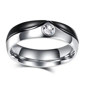 Modern titanium steel ring with black ceramic inlay and a single round zircon stone