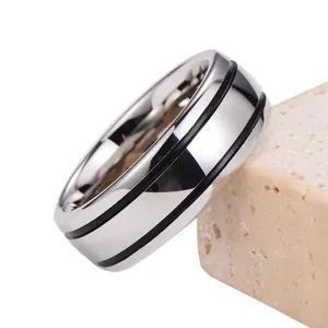 Men's Tungsten Steel Ring Silver Polished Arched Band With Double Black Lines Minimalist Modern Jewelry For Men