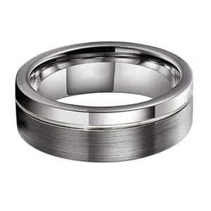 Bague en tungstène argenté avec surface polie et finition mate brossée pour hommes