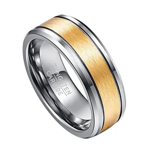 Bague minimaliste en carbure de tungstène avec centre doré brossé et bords polis