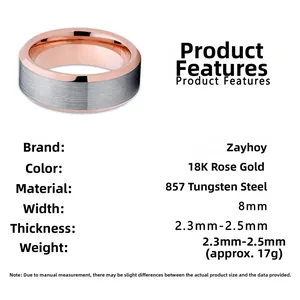 Detail showing 8mm brushed grey tungsten steel band with polished rose gold inner finish