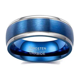 Mens tungsten carbide ring with blue brushed metal surface and silver polished edges