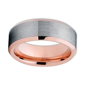 Classic brushed silver tungsten ring with rose gold interior and polished beveled edges