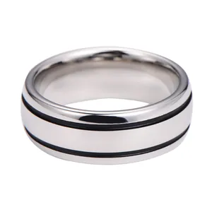 Macro view of men's tungsten steel ring with dual black lines and polished finish