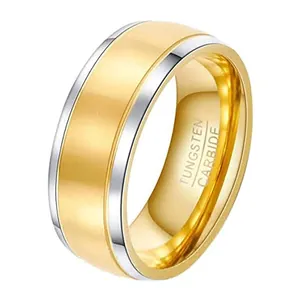 Two-tone tungsten carbide ring with gold brushed center and polished silver edges