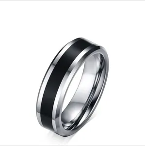 Bague en Carbure de Tungstène 6mm pour Hommes Femmes Bord Biseauté Incrustation en Émail Noir Bijoux de Mode Alliance Taille 5-15