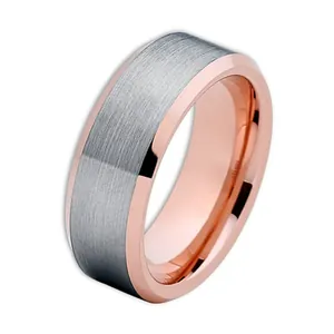Brushed dark grey tungsten steel ring with rose gold interior and polished beveled edges