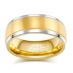 Two-tone tungsten carbide ring for men with gold brushed center and silver polished edges