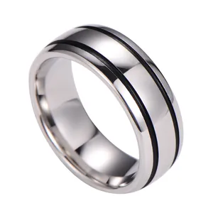 Polished silver tungsten steel ring featuring two parallel black line decorations for men