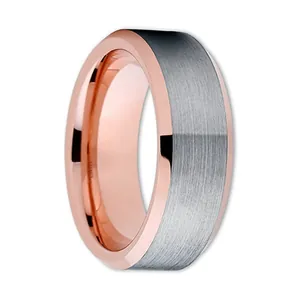 Polished rose gold tungsten ring with a matte grey brushed center surface for men and women