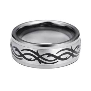 8mm tungsten steel ring with brushed finish and black tribal patterns for men