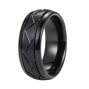 Luxus Herren Schwarz Wolframstahl Ring Matt Fischgräten Grooves Geometrisches Band Industrial Style Mode Schmuck Geschenk