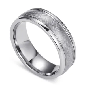 Men's tungsten ring with matte brushed center and polished step edges in silver tone