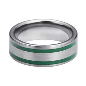 Brushed tungsten steel ring for men with double green inlay stripes and polished interior