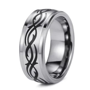 8mm tungsten carbide ring featuring black tribal thorn patterns and a brushed metal finish