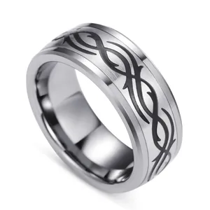 8mm tungsten carbide ring featuring brushed silver surface and black tribal thorn pattern