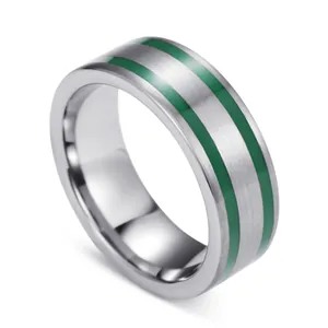 Men's matte tungsten steel ring featuring brushed finish and two green inlay stripes
