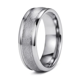 Mens matte brushed tungsten steel ring with polished edges and stepped design silver finish