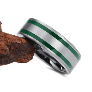 Brushed tungsten steel ring for men with dual green resin inlay lines on bark