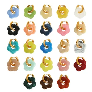 Colorful camellia flower earrings in 23 shades with golden stainless steel hoops