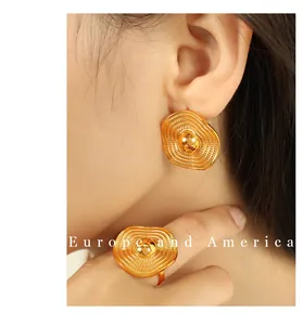 Close-up of golden concentric ripple texture ring and matching earring set on model
