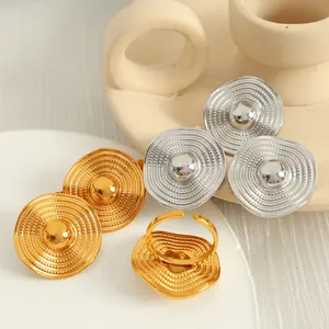 Vintage Round Straw Hat Texture Stainless Steel 18K Gold Plated Stud Earrings And Adjustable Open Ring For Women Jewelry