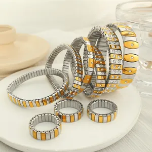 Luxury Two-Tone Stainless Steel Elastic Bangle Bracelet With Rhinestone Inlaid Adjustable Stretch Ring Fashion Jewelry Set