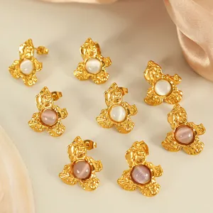 French Retro Irregular Hammered Flower Stud Earrings Gold Plated Stainless Steel White Pink Opal Earrings For Women Jewelry