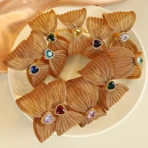 Luxe Vergulde Roestvrijstalen Gaas Strik Armband Voor Dames Hartvormige Gekleurde Zirkonia Ingelegd Verstelbaar Sieraden Cadeau