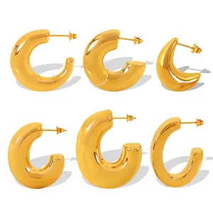 Minimalist thick C-shape hoop earrings set in polished 18K gold plated stainless steel