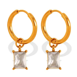 18K gold-plated cat's eye earrings with dangling rectangular sunburst star stones