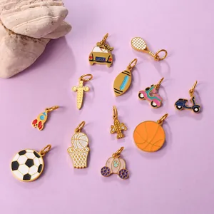 Colorful enamel sports charms set with soccer, basketball and tennis racket pendants