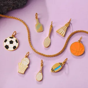 Golden sports pendants featuring colorful enamel soccer, basketball, and badminton charms