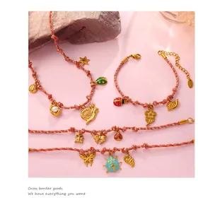 Detail of colorful woven cord jewelry sets featuring enamel ladybug and star charms