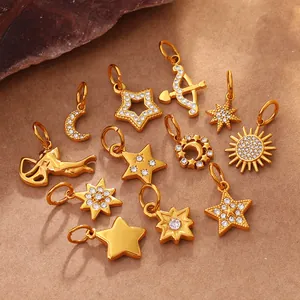 Golden celestial charm set with stars and moon pendants featuring sparkling zircon accents