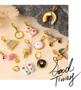 Detail of colorful enamel charms featuring rainbow, fried egg, and ice cream motifs