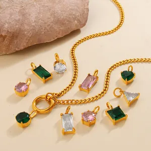 Gold Cuban chain necklace set with colorful geometric zircon stone charms