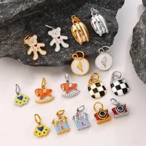 Stainless Steel Enamel Charms For Jewelry Making DIY Bear Castle Camera Checkerboard Bag Pendants Colorful Jewelry Making DIY Accessory